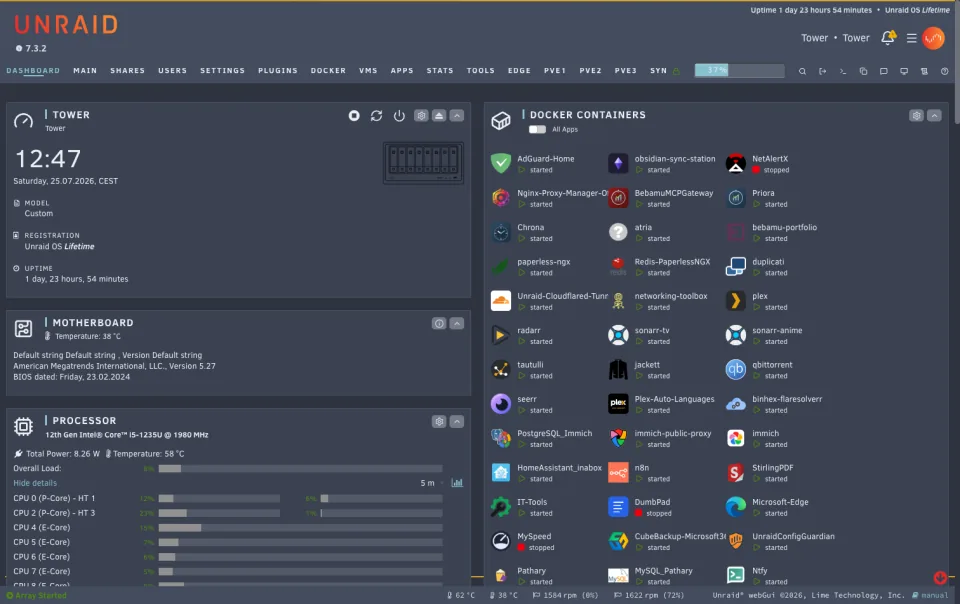 Unraid dashboard restyled with the Nord theme